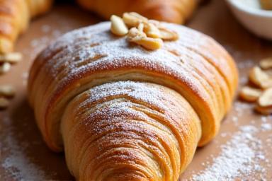 Amandelcroissant bestrooid met amandelschaafsel