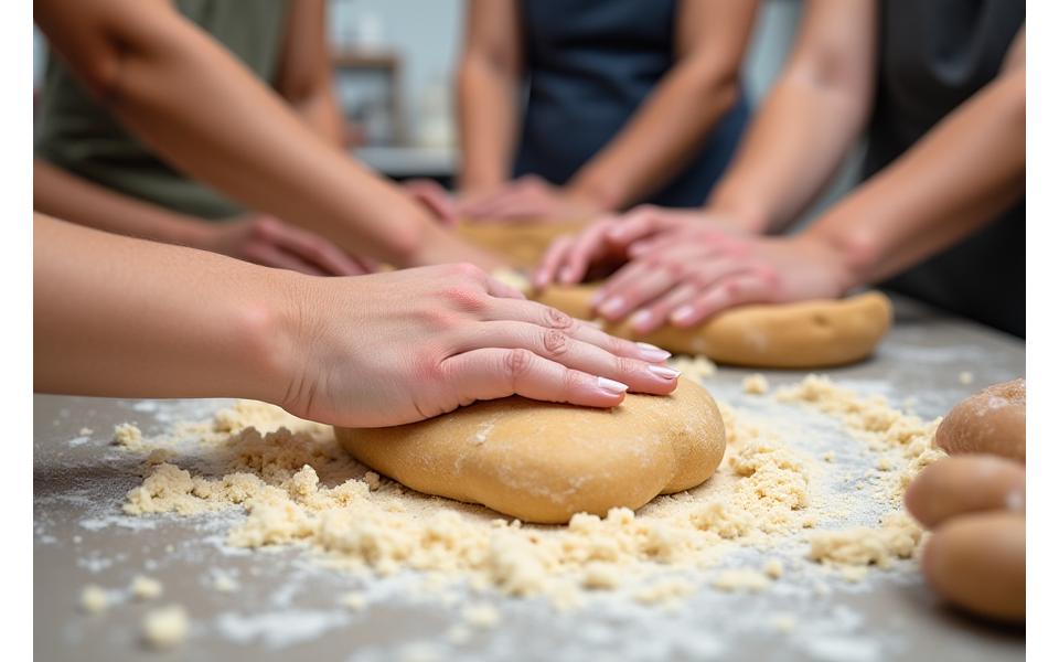Deelnemers van een bakworkshop bezig met het kneden van deeg onder begeleiding.
