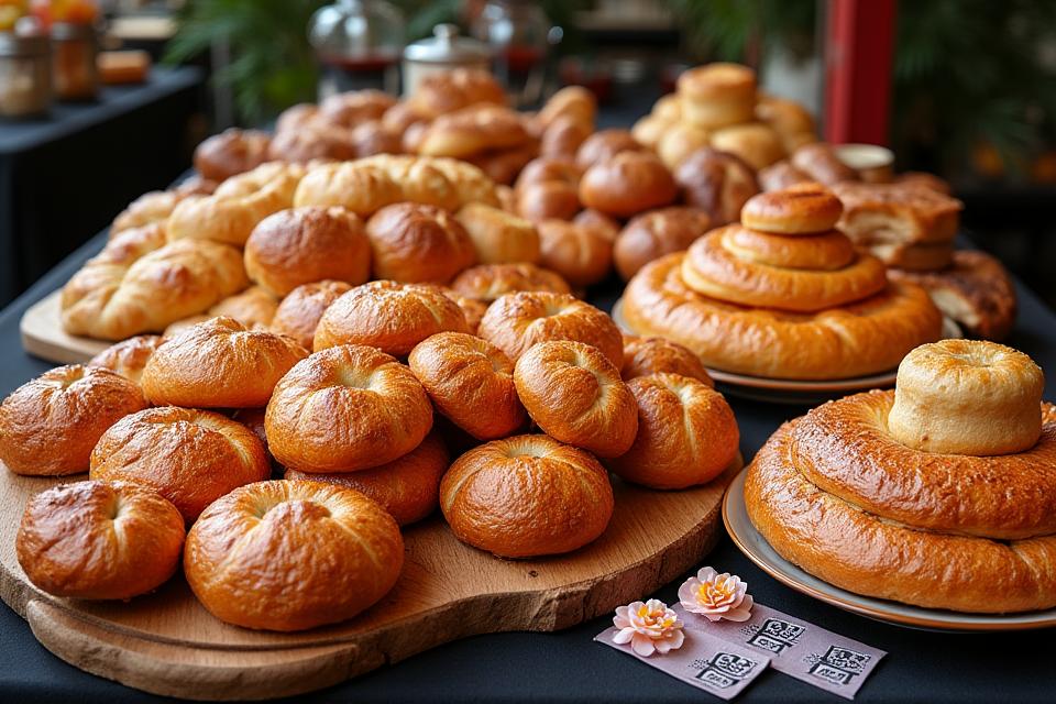 Een breed overzicht van een luxueuze cateringopstelling met brood, gebak en koffie op een evenement.
