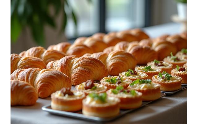 Een elegant uitgestalde cateringtafel met diverse patisserie en croissants van Gouden Croissant.