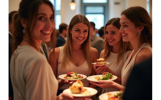 Gasten genieten van de catering op een sfeervol evenement.