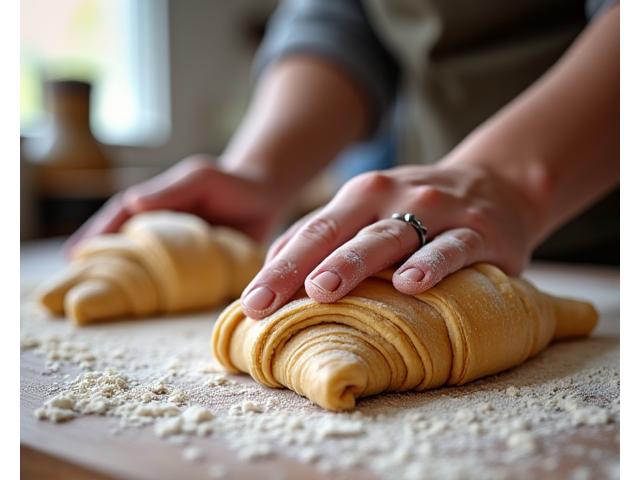 Een bakker die zorgvuldig een croissant vormt