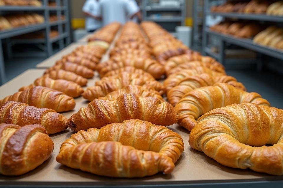 Een rijkgevulde display van versgebakken brood en patisserie klaar voor groothandel levering.