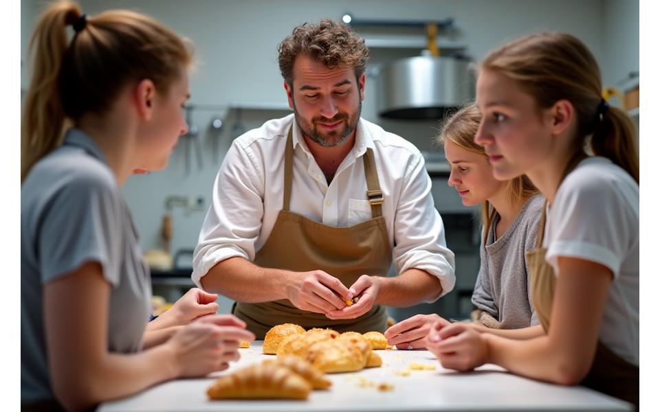 Een bakker van Gouden Croissant die uitleg geeft tijdens een bakworkshop.